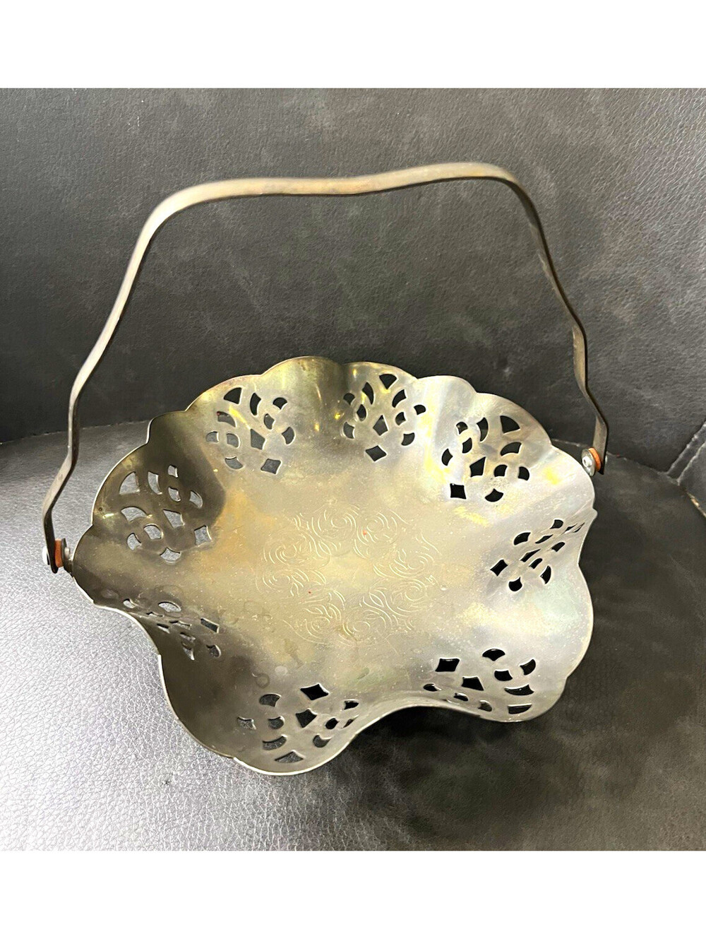 Silverplate Pierced Metal Basket with Swing Handle, Scalloped Edge